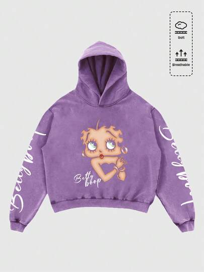 Betty Boop | ROMWE sweat-shirt à capuche ample avec graphique de dessin animé lavé pour hommes