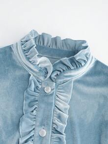 GlowEve 女士天鹅绒荷叶边领日常通勤时尚法式街头复古百搭假日商务浅蓝色长袖衬衫，秋冬款 - 淺藍色 - 查看 5