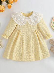 SHEIN Vintaside Kids 女孩甜美公主风格刺绣彼得潘领长袖不对称下摆提花面料连衣裙，时尚派对、生日、节日，适合所有季节 - 黃色 - 查看 4