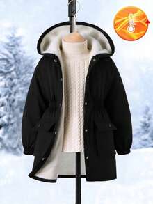 SHEIN 女童秋冬派克大衣，长款连帽风衣，大口袋，腰部抽绳，休闲通勤外套