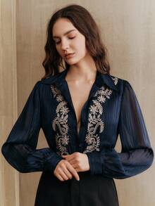 Anewsta 女士刺绣衬衫，优雅时尚，百搭上衣 - 藏蓝色 - 查看 4