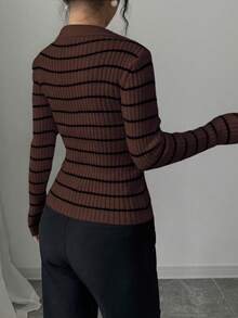 Elenzga 女式时尚休闲条纹修身套头衫 - 咖啡棕 - 查看 2