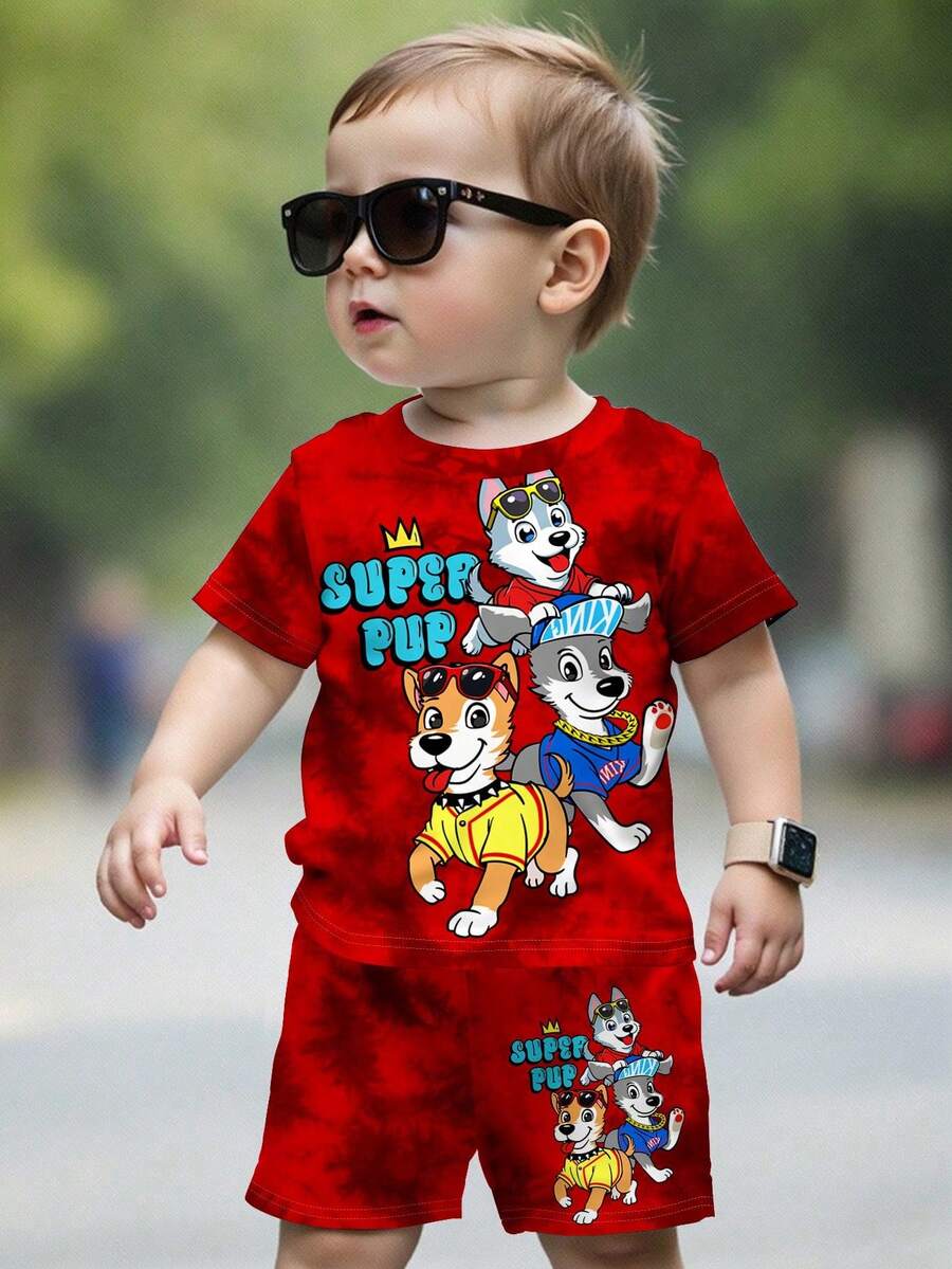 SHEIN Bộ 2 áo thun tay ngắn cổ tròn họa tiết hoạt hình thường ngày cho bé trai và quần short, phù hợp cho mùa hè - Nhiều màu - Xem 1