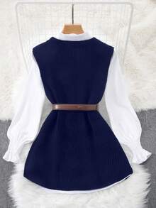 INAWLY 2 件春季白色灯笼袖衬衫和宽松开襟背心毛衣套装女士 - 藏蓝色 - 查看 2