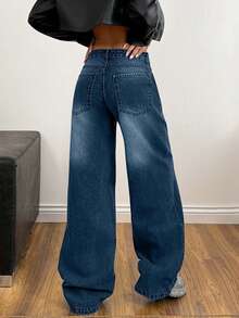 EURMUSE Low Waist Wash Detailed Wideleg Jean - Dusty Blue - View 2