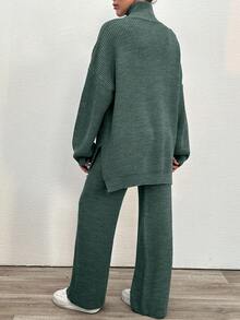 EURMUSE 2pcs Women's Plain Zip Up Long Sleeve Sweater Suit And Sweatpants - Mint Green - View 6