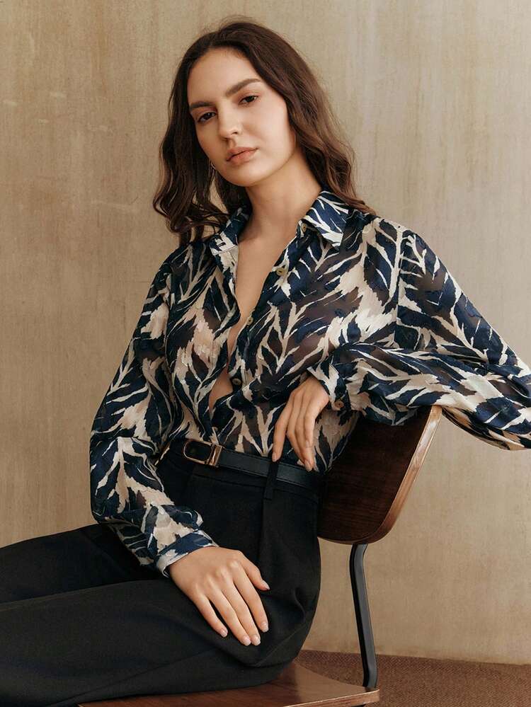 Vintage Elegant Tree Shadow & Leaf Tropical Print Chiffon Loose Long Sleeve Women Blouse