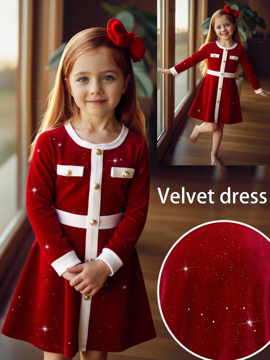 SHEIN Kleine Mädchen Kleid - eine Kombination aus retro, süß, modisch und elegant. Ein glänzendes paillettenverziertes Samtkleid mit kontrastierenden Farbflächen und langen Ärmeln, mit funkelnden herzförmigen Pailletten. Ein lässiges, simples und elegantes Kleid, geeignet für die Hochzeitssaison, damenhaft für Jungen, Herbst- und Winterstil, geeignet für Weihnachten, Partys, den Alltag, Geburtstagskleider, Prinzessinnenoutfits, Schwester-Schwester-Matching-Styles. - Rot - Übersicht 1