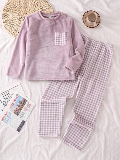 Girls' Purple Plaid Fleece Long Sleeve Top And Pants Comfortable Pajama Set