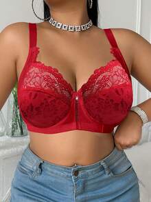 DesireSculpt 1件加大码蕾丝拼接钢圈文胸 - 紅色 - 查看 5