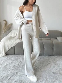 EURMUSE Drop Shoulder Cardigan & Knit Pants - Beige - View 6