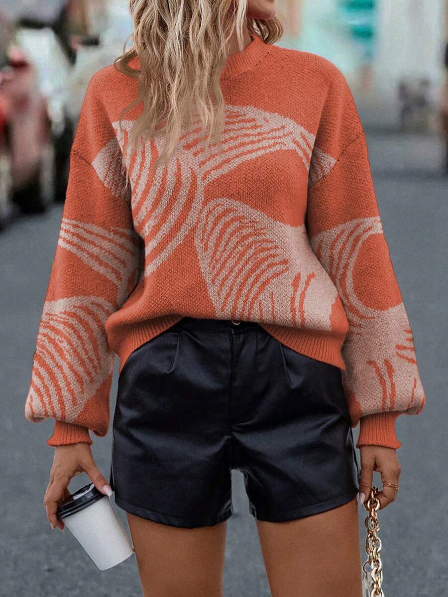 SHEIN LUNE Áo len dài tay hở vai họa tiết thường ngày cho nữ, Thu/Đông - trái cam - Xem 1