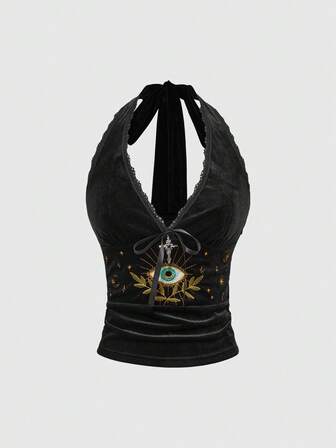 Débardeur ajusté de style gothique en dentelle et velours avec design brodé d'œil, polyvalent