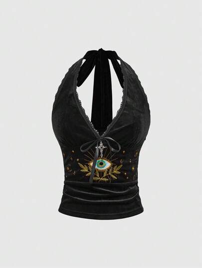 Goth توب خزان مطابق من الدانتيل والمخمل بتصميم عين مطرز، متعدد الاستخدامات بطراز جوتيك