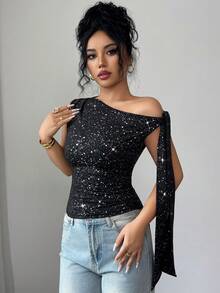 Selianne 女士黑色金属面料高档设计不对称肩部无袖单侧系带修身上衣，优雅时尚，适合生日、约会、派对、音乐节、舞会、独立日、网络星期一、万圣节、光棍节、返校派对、平安夜、感恩节、圣诞节、排灯节、秋季等场合。 - 黑色 - 查看 5