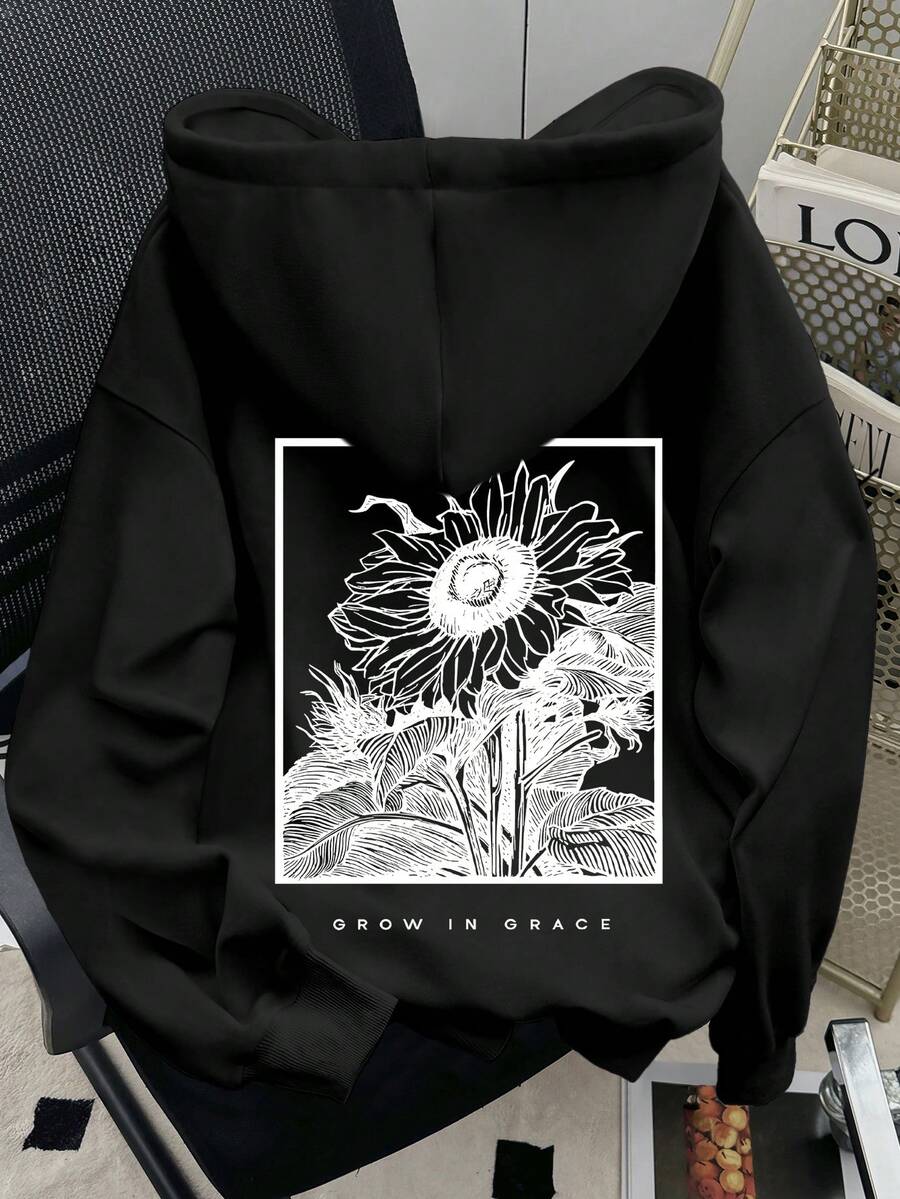 INAWLY 女士休闲宽松印花落肩长袖卫衣 - 黑色 - 查看 1