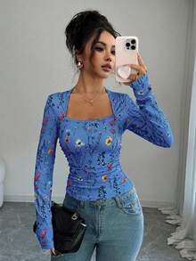 Elenzga 女士优雅 U 领花卉印花褶皱腰长袖 T 恤上衣，适合女性日常生活、派对、通勤、秋冬季 - 藍色 - 查看 5