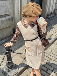 Tween Girls Casual Plaid Patchwork Dress, Autumn - Multicolor - View 5
