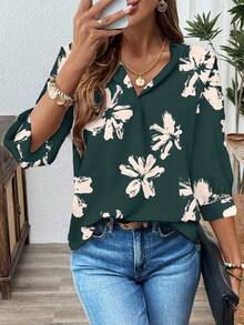 SHEIN LUNE Women's Casual Floral Print Blouse, Suitable For Office Wear In Autumn/Winter Chic Blouses For Women V Neck Blouses For Women Floral Tops For Women Flower Blouse Floral Blouse Women Casual Blouses For Women