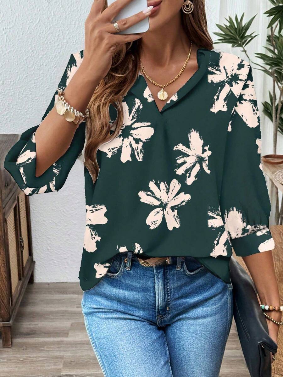 SHEIN LUNE Women's Casual Floral Print Blouse, Suitable For Office Wear In Autumn/Winter Chic Blouses For Women V Neck Blouses For Women Floral Tops For Women Flower Blouse Floral Blouse Women Casual Blouses For Women