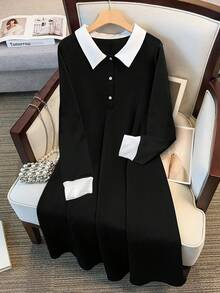 GlowEve CURVE 大码女装秋季新款衬衫领连衣裙，黑白拼色，休闲简约，冬季可作为打底衫 - 黑與白 - 查看 5