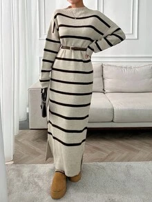 EURMUSE Apricot And Brown Striped Thick And Maxi Sweater Dress - Apricot - View 4