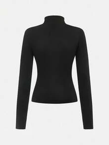 SHEIN Girlism Tween Girls' Casual Yoga Sports Fitted Zip-Up Collar Knit Top & High Waist Leggings Set,Black Autumn Modest Gym Outfit For Fall Winter Daily Wear - Black - View 8