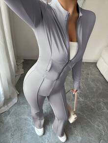 INAWLY Women's Tight-Fitting Zip-Up Cropped Top With Mandarin Collar And Flared Pants 2 Pieces Set - Light Grey - View 7
