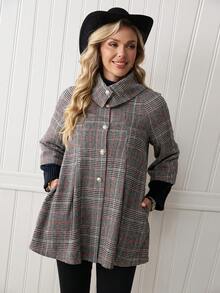 LanaWest Women's Gray Traceable Plaid Fabric High Collar Lapel Metal Button Design Loose Hem 3/4 Sleeve Elegant Classy Thanksgiving Halloween Streetwear Casual Boho Autumn/Winter New Fashion Versatile Loose Woolen Jacket - Orange - View 7