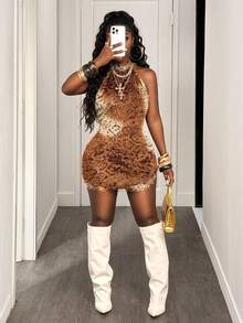 BamGleam Đầm ôm body hở lưng họa tiết da báo xẻ tà gợi cảm dành cho nữ - màu nâu - Xem 5