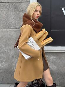 Teen Girl Plain Double-Breasted Casual Long Sleeve Jacket - Khaki - View 4