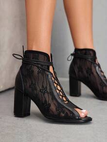 CUCCOO SZL Giày cao gót nữ thời trang gợi cảm với thiết kế lưới, thoáng khí, quai mảnh, thoải mái cho tiệc tùng và dạ hội - màu đen - Xem 3