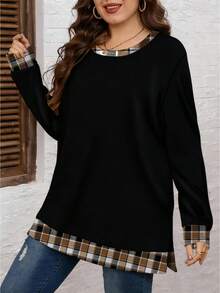 EMERY ROSE Plus Size Contrast Color Round Neck Plaid Drop Shoulder Long Sleeve Casual Versatile Women Sweatshirt Women Long Sleeve Tops Fall Tops Women Long Sleeve Black Top Black Top Women Blouses Long Sleeve Blouses/Winter