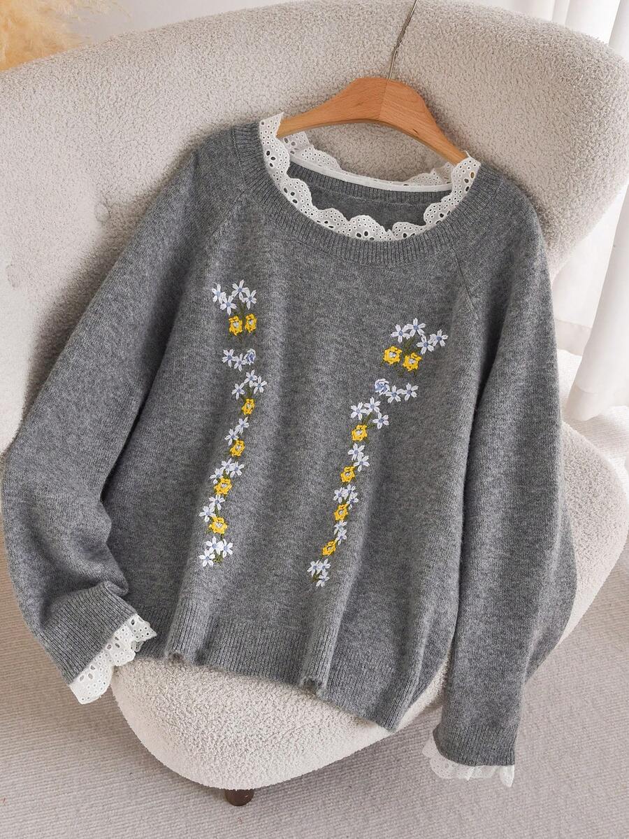 CosyJoli Plus Size Casual Lace Patchwork Embroidered Raglan Sleeve Pullover Sweater/Winter - Grey - View 1