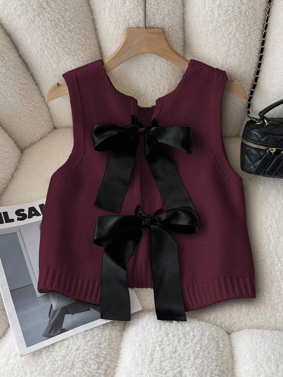 Elamini Women's Fashion Casual Bow Sleeveless Sweater Vest - Burgundy - View 1