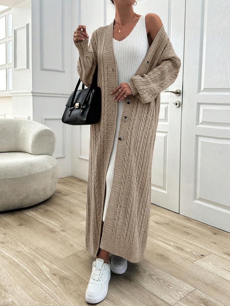 EURMUSE Women's Casual Daily Solid Color Simple Cable Knit Button Front Long Cardigan, Autumn/Winter - Beige - View 1