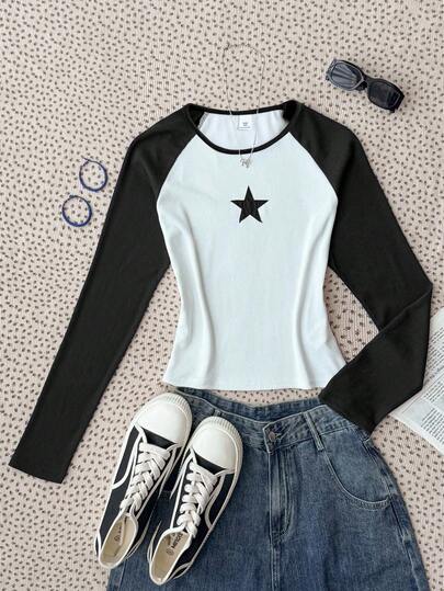 SHEIN Tween Girl Fitted Ribbed Knit Patchwork Long Sleeve Round Neck Five-Pointed Star Patch Graphic Casual Retro T-Shirt Tight Tops For Teens Tween Tight Tops Teen Girl Clothes Top Black And White Tops For Teen Girls Not Cropped
