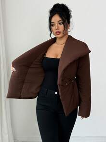 SHEIN Elenzya 女式立领夹克，前中心 4 粒扣开合，腰部抽绳，A 字形下摆开衩，长袖，棕色，法式复古风格，适合办公室、通勤、商务休闲、街头、百搭、秋冬，适合万圣节、圣诞节、感恩节、下午茶派对、返校 - 棕色 - 查看 7