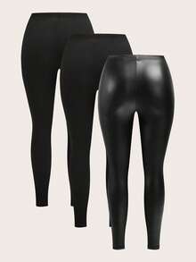 Slaydiva 3pcs/Set Plus Size Casual Leggings In Black, Brown, Dark Grey, Suitable For Autumn, Winter, Spring - Black - View 2