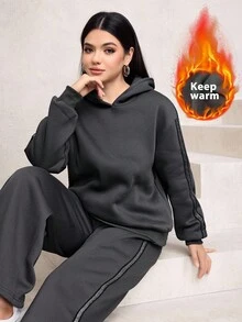 Modelyn Set de 2 piezas Sudadera con capucha y pantalón de chándal de pierna recta con rayas verticales, forrado térmico, elegante y de moda para mujer
