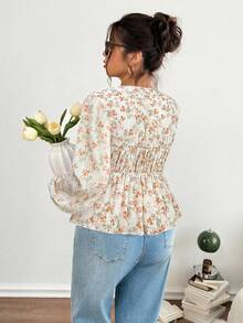 Lounesse 大码女式 V 领带设计碎花长袖衬衫，百搭日常穿着，蓝色碎花 - 彩色 - 查看 2