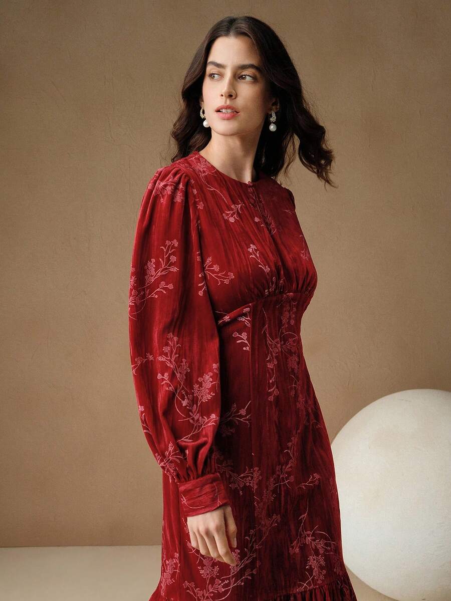 Anewsta 新款优雅复古丝绒提花泡泡袖鱼尾连衣裙，适合秋季、冬季、春季、新年、派对、婚礼等场合，优雅、别致、时尚，圣诞节穿着也十分合适。 - 紅色 - 查看 1