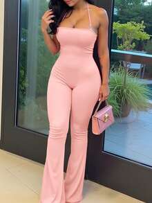 INAWLY Bộ đồ liền thân bó sát xòe đơn sắc thường ngày dành cho nữ - Hồng - Xem 3