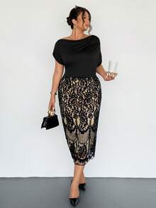 Firerie Plus Size Spring, Autumn & Winter Comfortable Casual Elegant Vacation Ruched One Shoulder Asymmetric-Shoulder Oblique Shoulder Lace Patchwork Professional Asymmetricice Commute Short Sleeve Midi Dress For Women