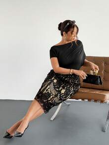 Firerie Plus Size Spring, Autumn & Winter Comfortable Casual Elegant Vacation Ruched One Shoulder Asymmetric-Shoulder Oblique Shoulder Lace Patchwork Professional Asymmetricice Commute Short Sleeve Midi Dress For Women