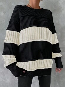 EURMUSE Colorblock Drop Shoulder Ribbed Knit Sweater - Black and White - View 3