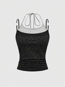 ROMWE Y2K Rhinestone Sparkly Spaghetti Strap Cami Top, Sexy Party Holiday - Black - View 1