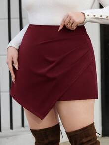 SHEIN Privé Plus Size Women Casual Red Color Shorts Asymmetrical Skirt Maroon Skirt Burgundy Skirt Women Skorts Women Red Skirt Skirts For Women Sexy Skirts For Women - Burgundy - View 5