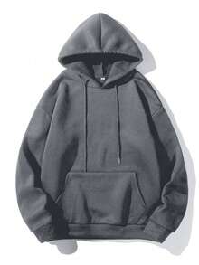 EURMUSE 100%Cotton Men Slogan Graphic Kangaroo Pocket Drawstring Hoodie - Grey - View 2