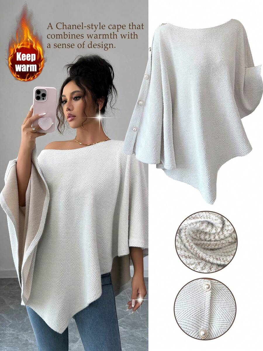 Elenzga Women's New Autumn/Winter Fashion Elegant One-Shoulder Round Neck Elastic Tweed Faux Fur Shawl Collar Asymmetrical Hem Batwing Loose Casual Cloak Poncho Coat - Multicolor - View 1